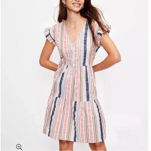 🔴 4/$15 LOFT Cotton Multi Pink Stripes V-Neck SS Tiered Midi Dress size L in EUC